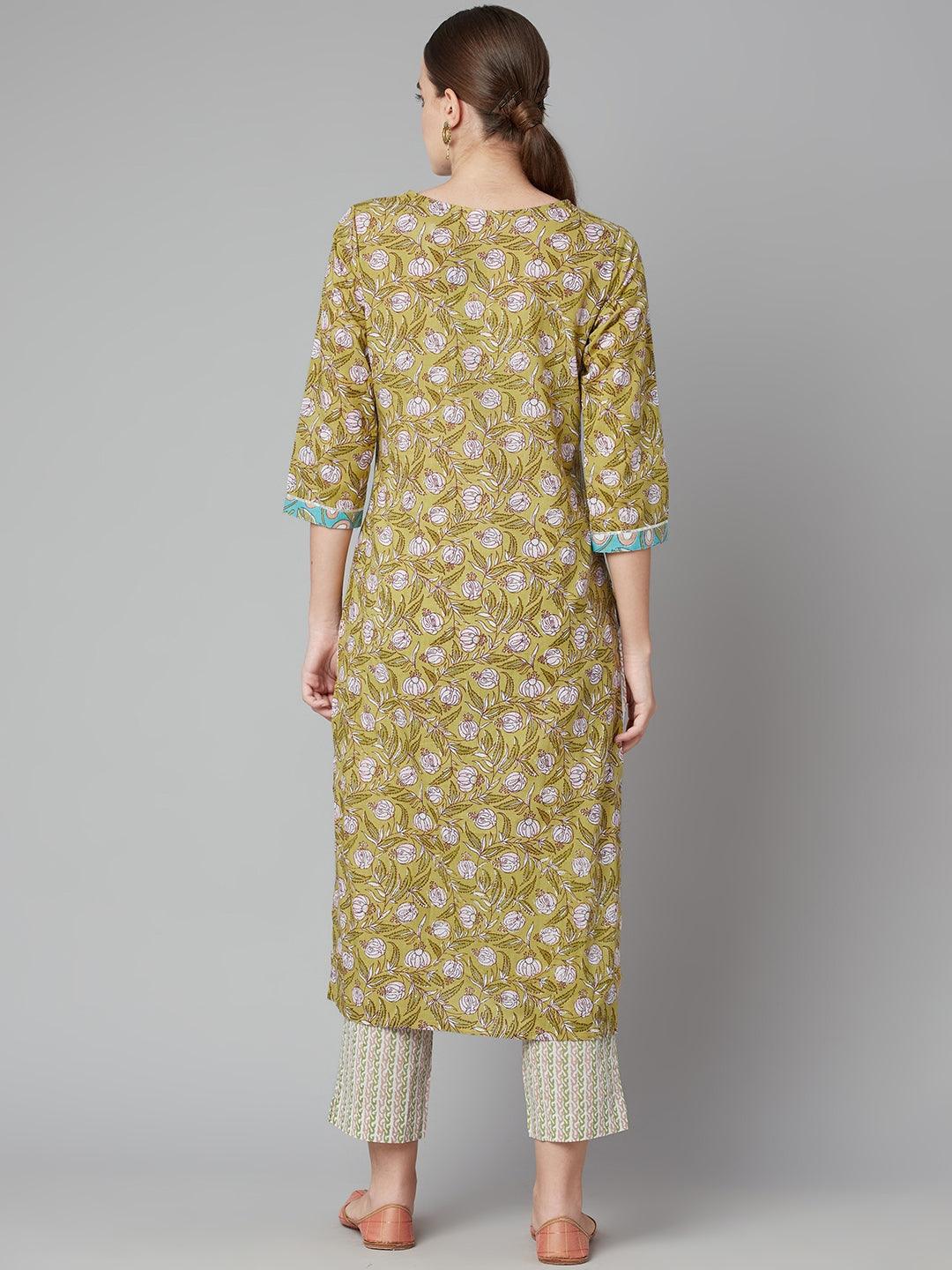 Divena Pastel green Floral Printed Cotton kurta Pant Set - divena world