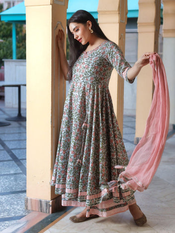 Divena Pastel Blue Floral Anarkali Cotton Kurta Palazzo set with Dupatta