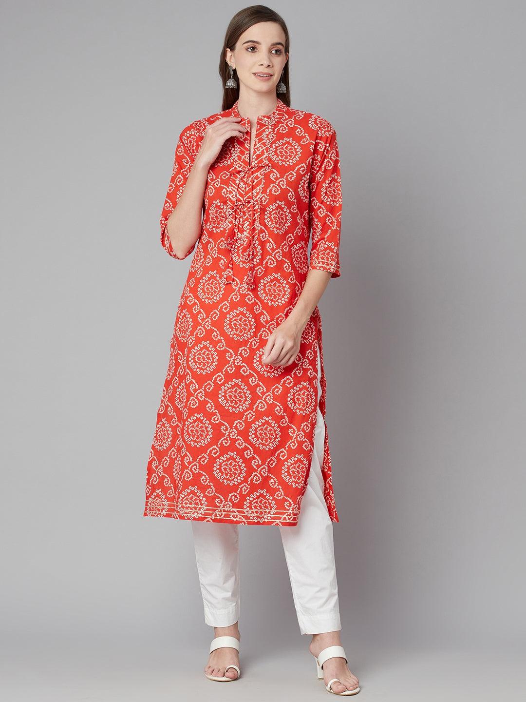 Divena Red bandhej Straight Kurta - divena world