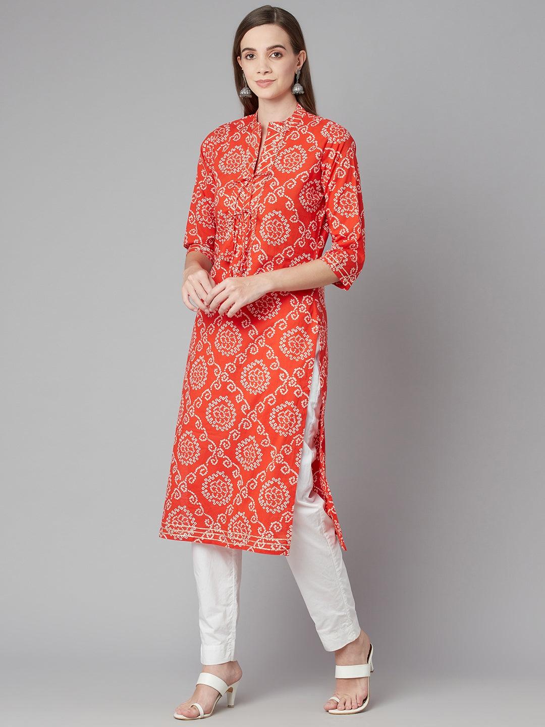 Divena Red bandhej Straight Kurta - divena world