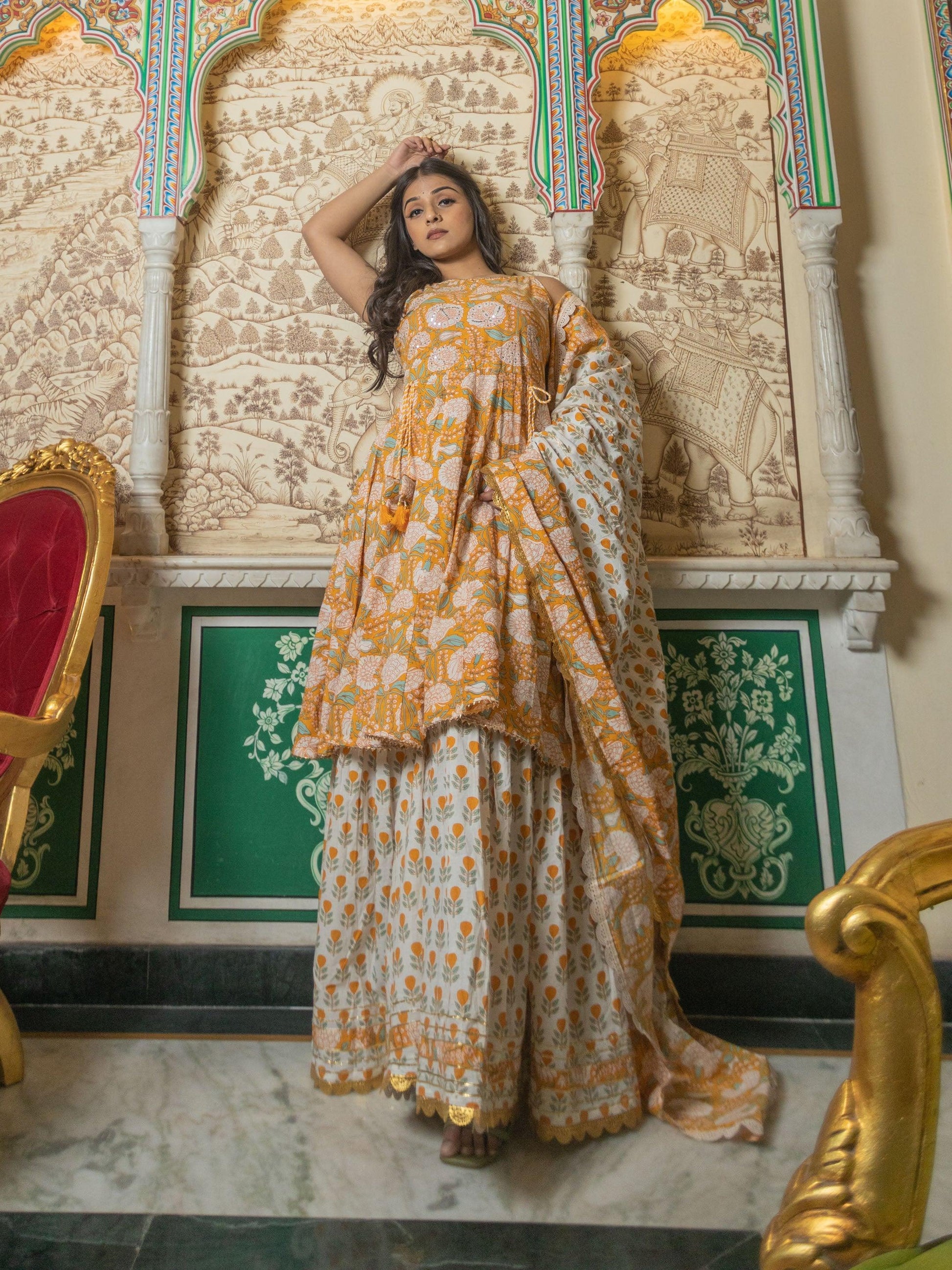 Divena Yellow Cotton Anarkali kurta Sharara set with Dupatta - divenaworld.com