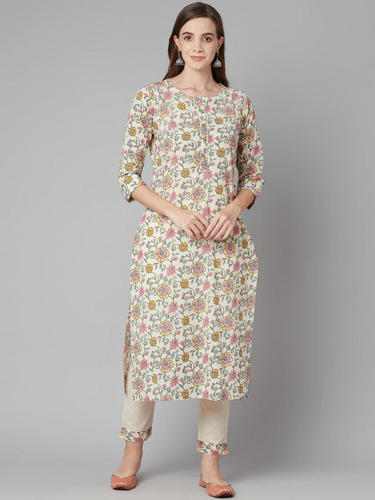 Divena Cream Floral Printed Cotton Kurta Pant Set - divena world