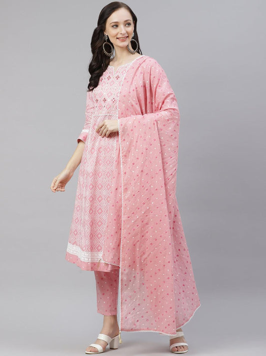 Divena Pink Cotton A-line  kurta Pant set with Dupatta