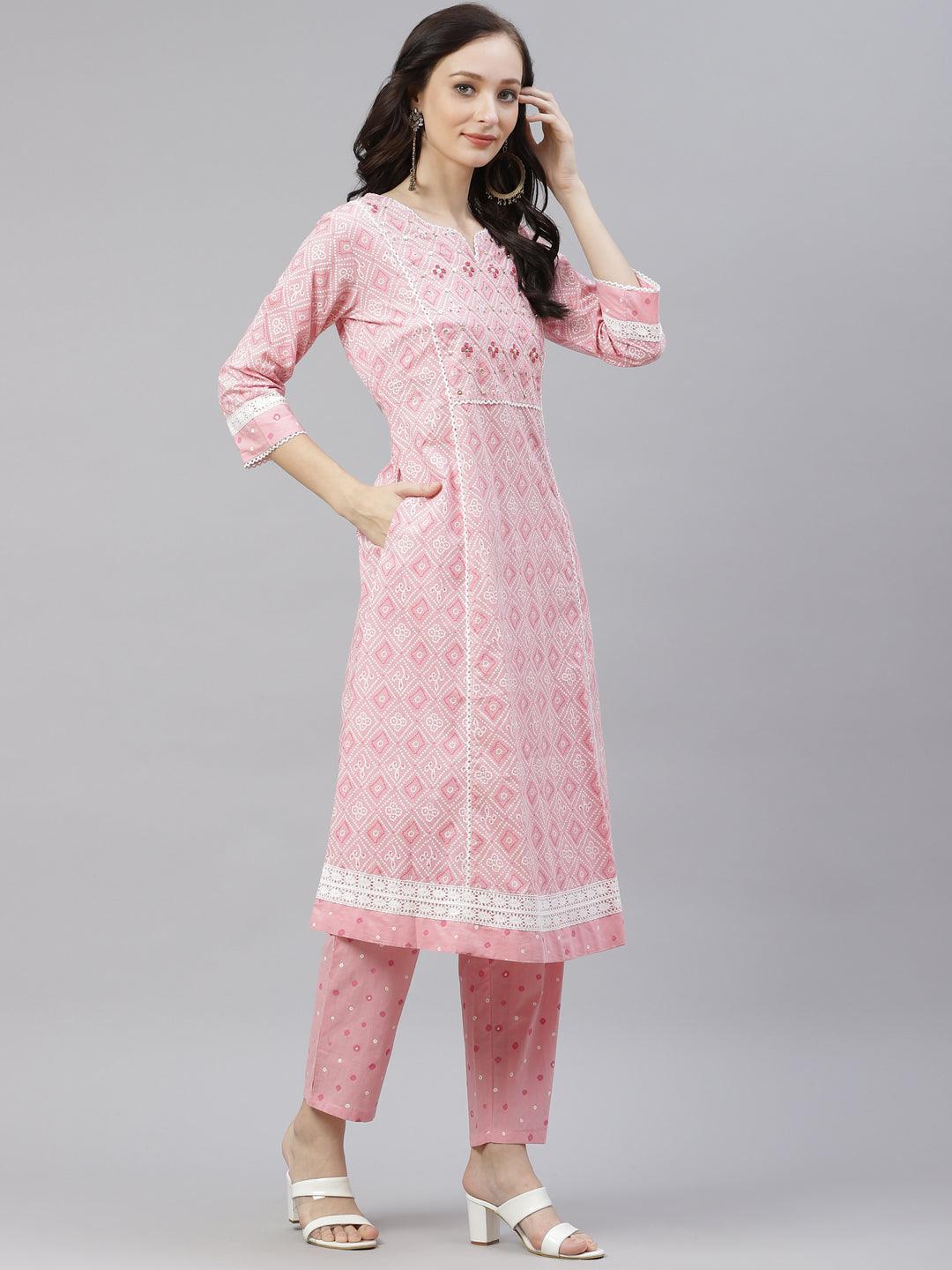 Divena Pink Cotton A-line kurta Pant set with Dupatta - divena world