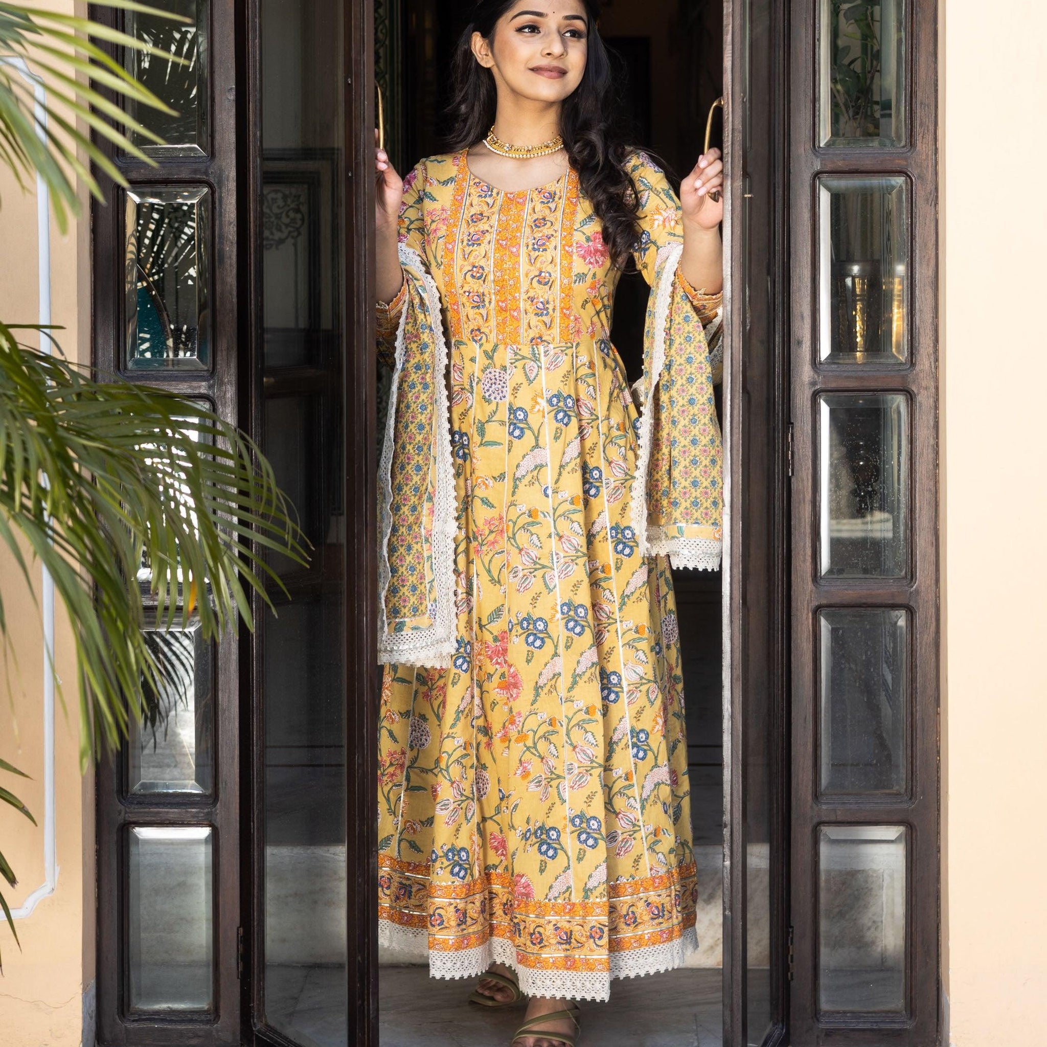 Divena Yellow Floral anarkali Pant Set with Dupatta - divenaworld.com