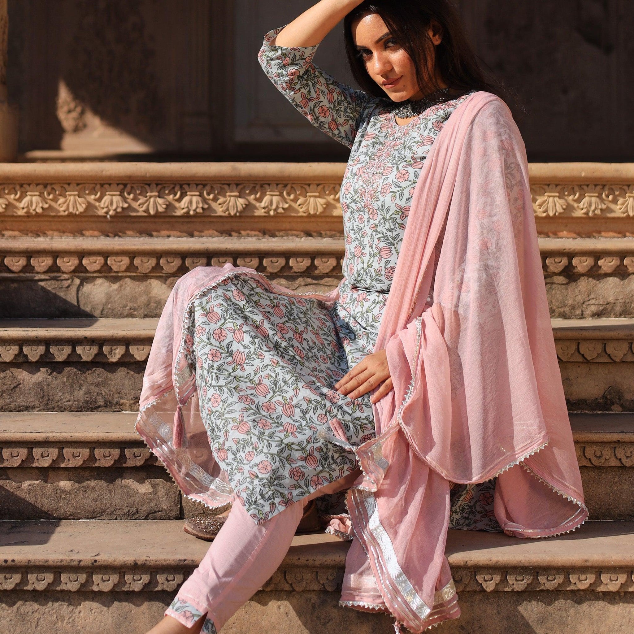 Divena Pastel Blue Floral straight Cotton Kurta Pant set with Dupatta - divenaworld.com