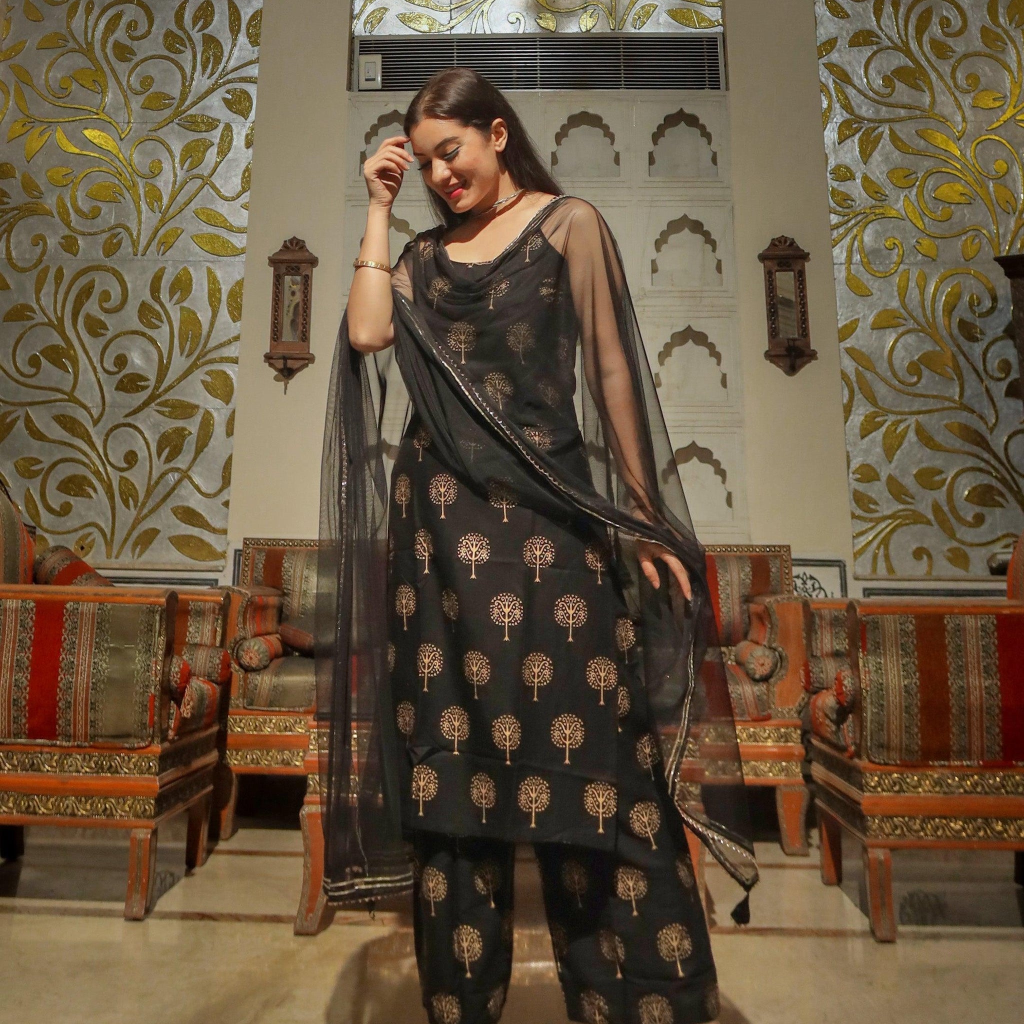 Divena Black shoulder strip Kurta Palazoo set with net Dupatta - divenaworld.com