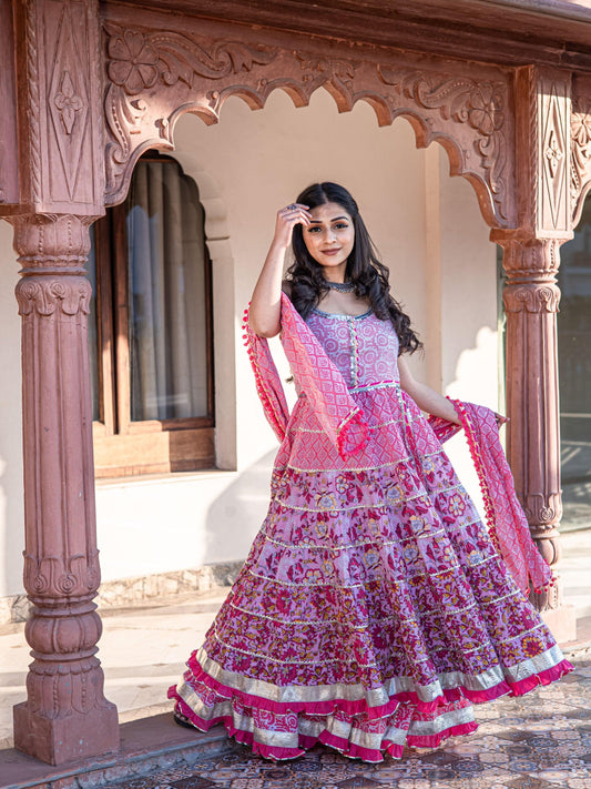 Divena Pink Cotton Sleeves less Anarkali Sharara set with Dupatta