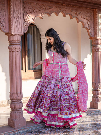 Divena Pink Cotton Sleeves less Anarkali Sharara set with Dupatta