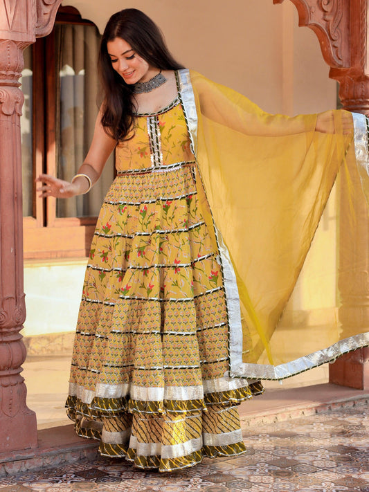 Divena Yellow Cotton Sleeves less anarkali Skirt Set With Dupatta