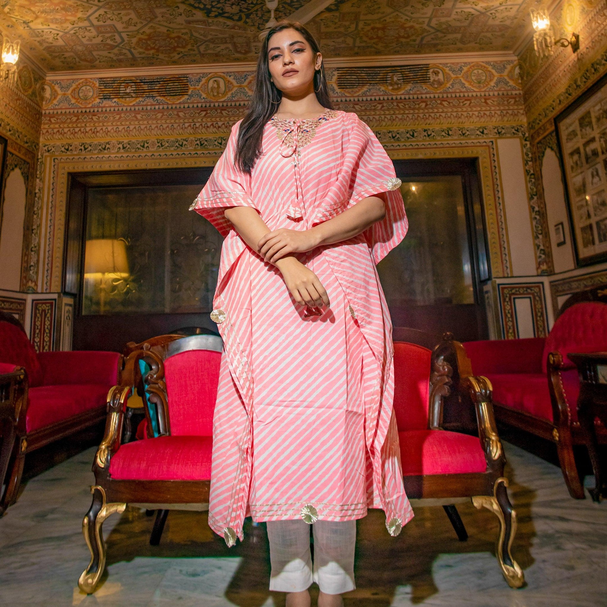 Divena Baby Pink Cotton Laheriya Kaftan - divenaworld.com