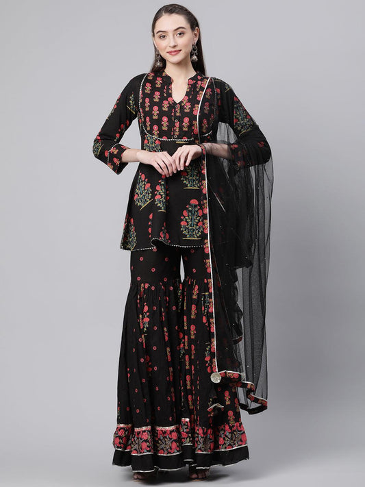 Divena Black Peplum Top Sharara Set with Dupatta - divenaworld.com