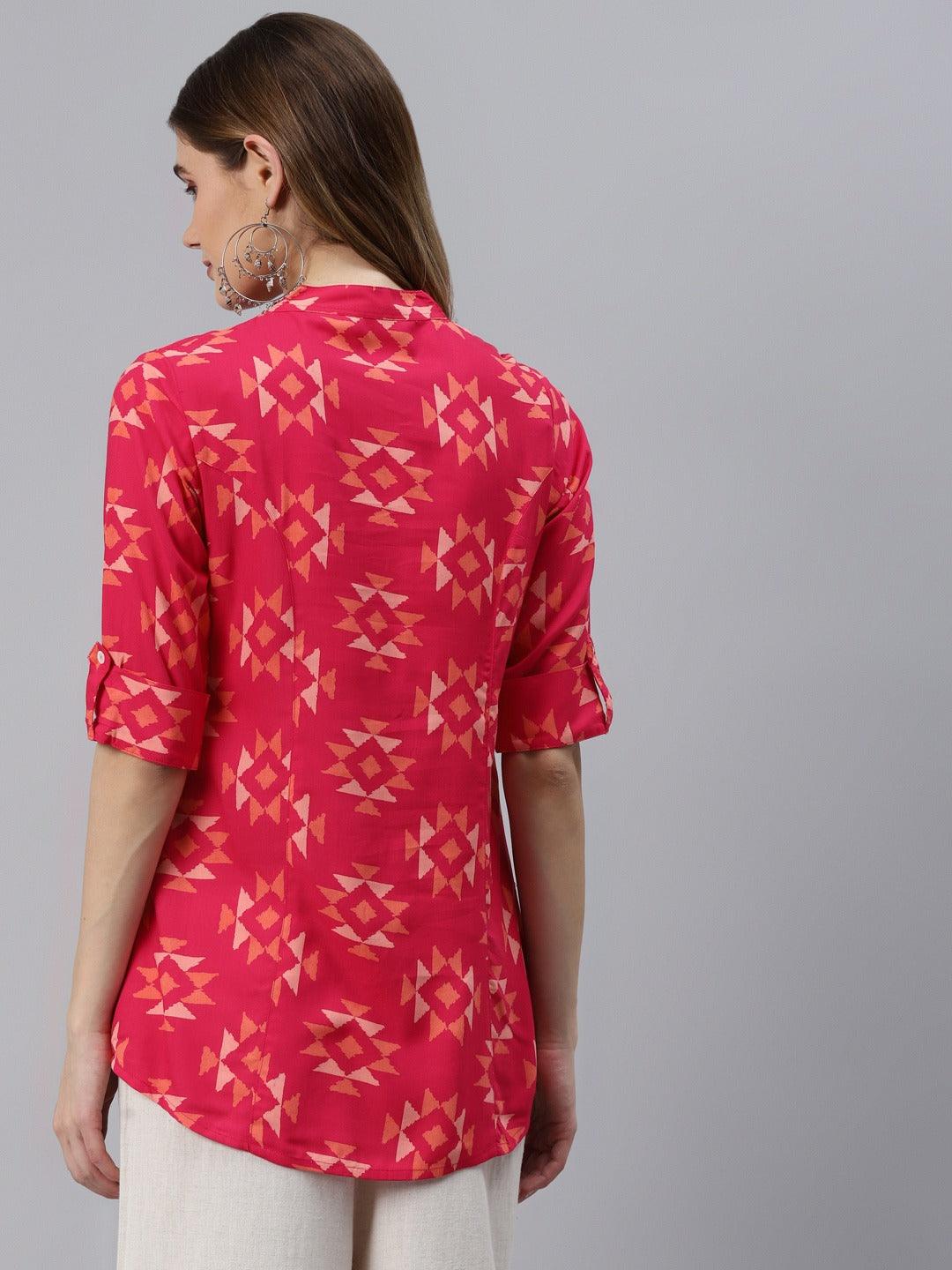 Divena Pink Geometric Print Rayon Shirt Style Top - divena world