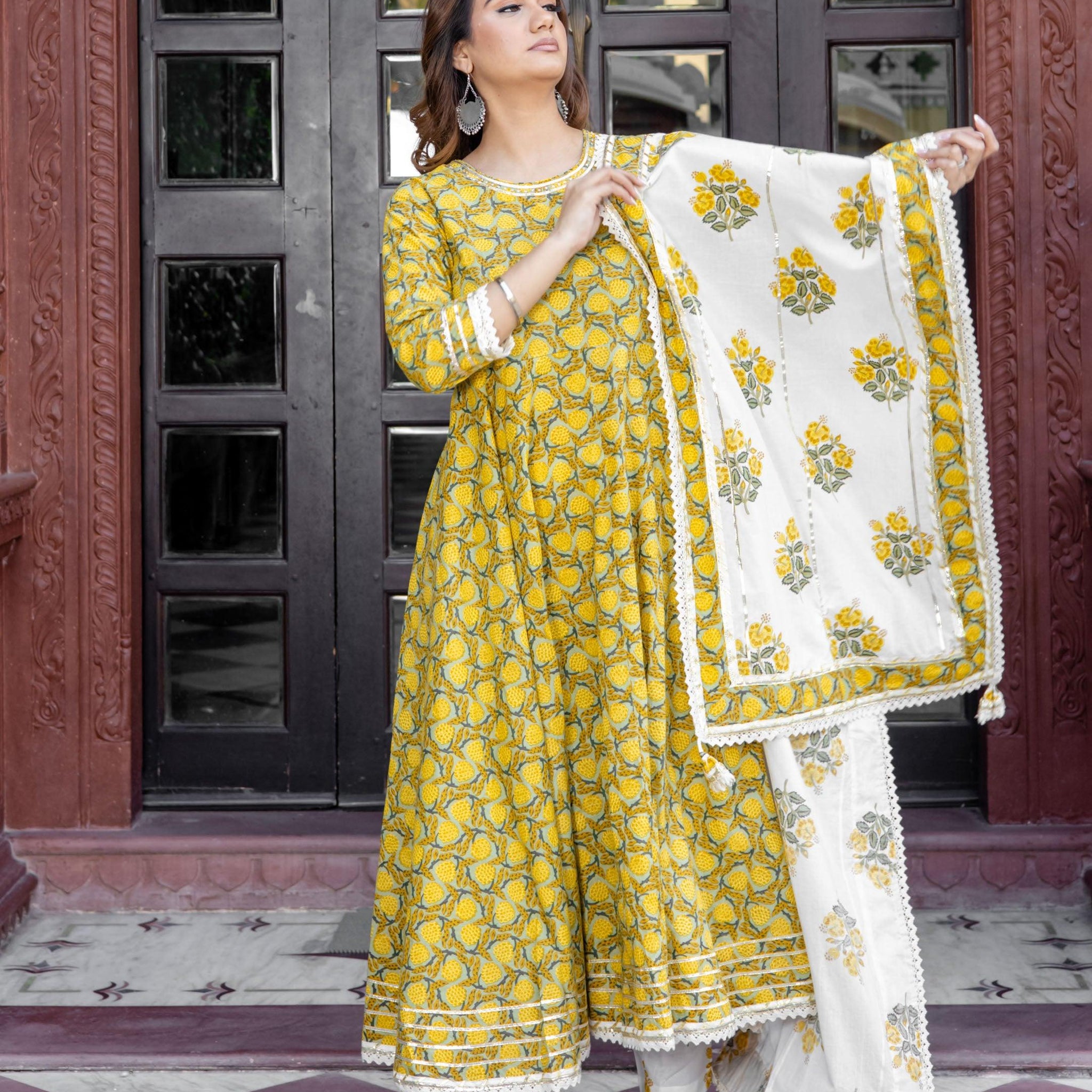 Divena Mustard Cotton Anarkali Kurta Pant Set With Dupatta - divena world
