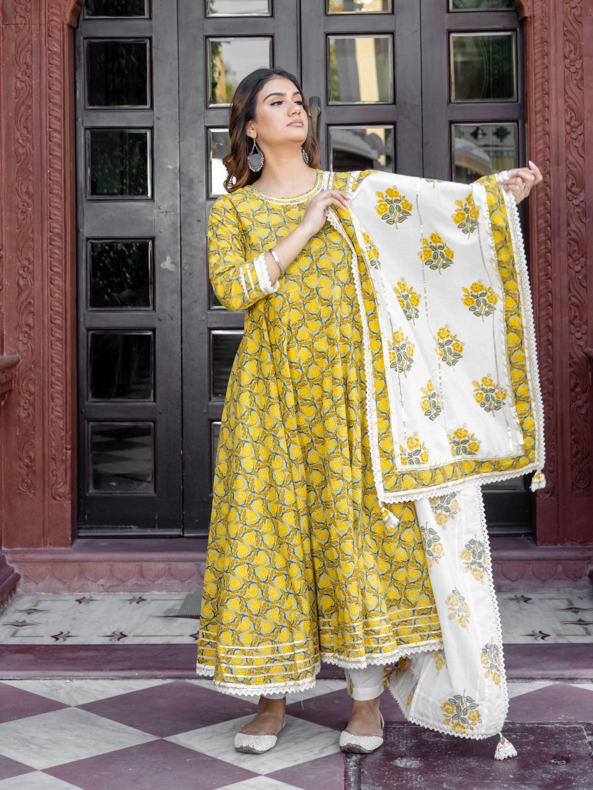 Divena Mustard Cotton Anarkali Kurta Pant Set With Dupatta - divena world