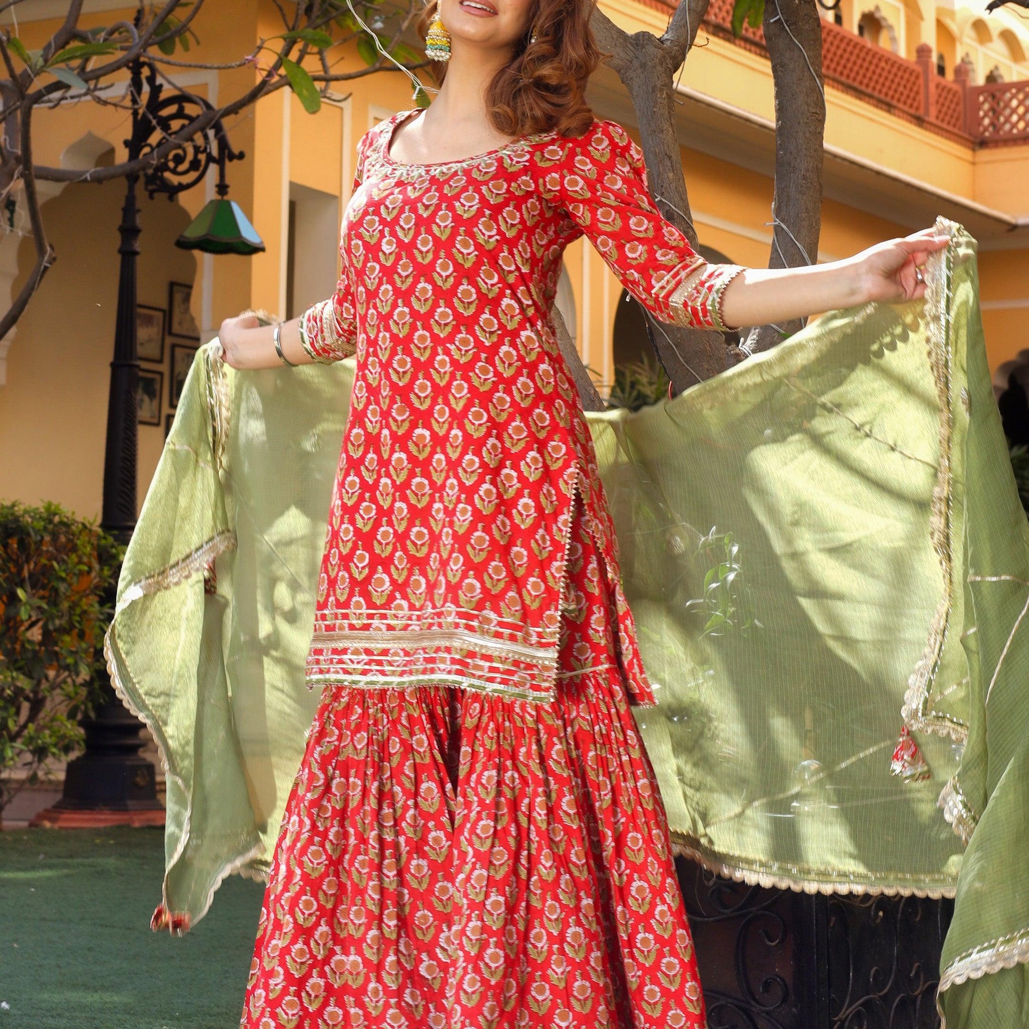 Divena Red Cotton Dabu Printed Kurta Sharara Set with Kota Doria Dupatta - divenaworld.com
