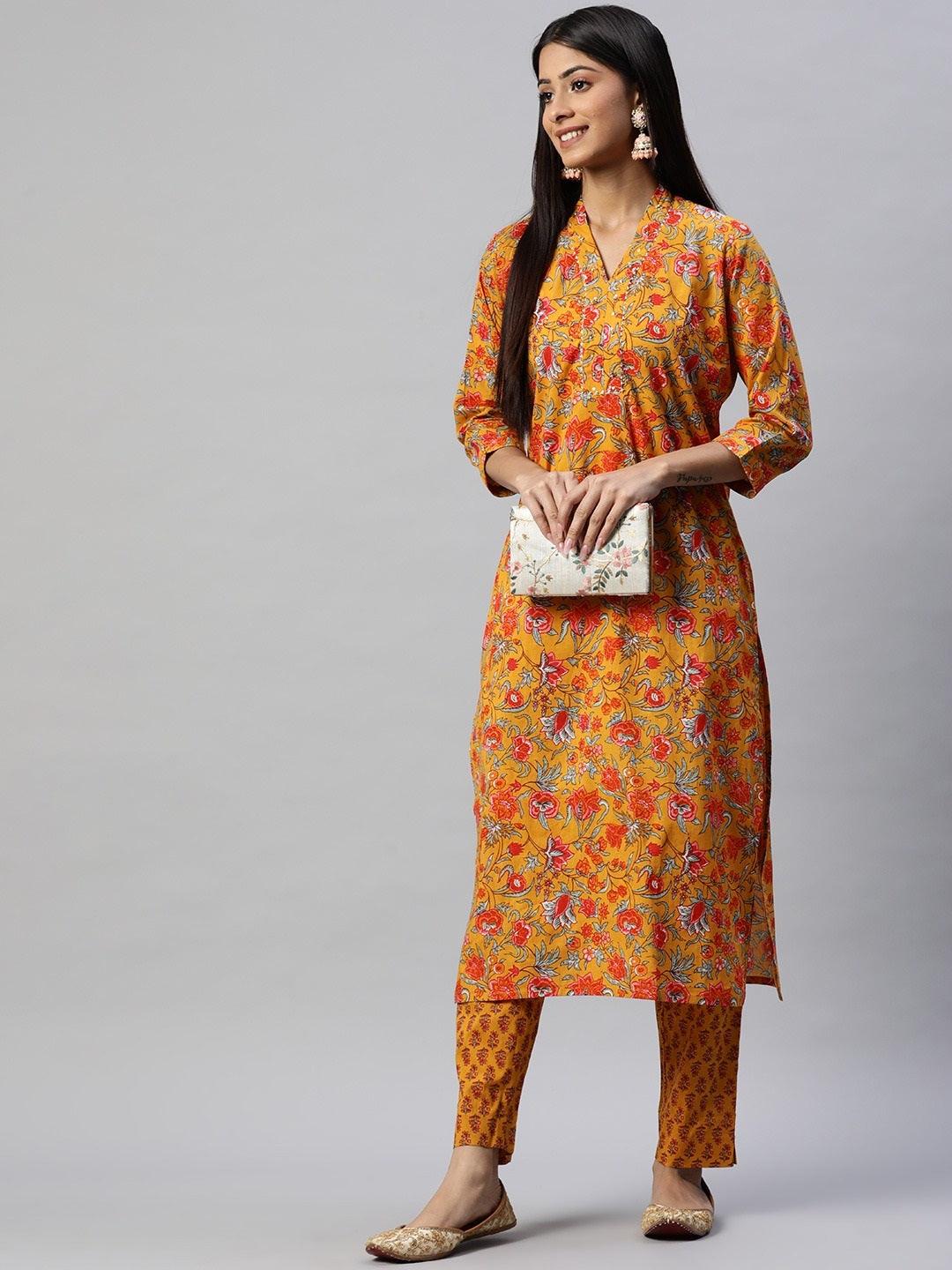 Divena Mustard Cotton Floral Printed Kurta Pant Set - divena world