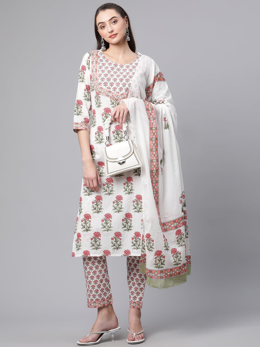 Divena White Floral Kurta pant set with Mulmul Dupatta - divenaworld.com