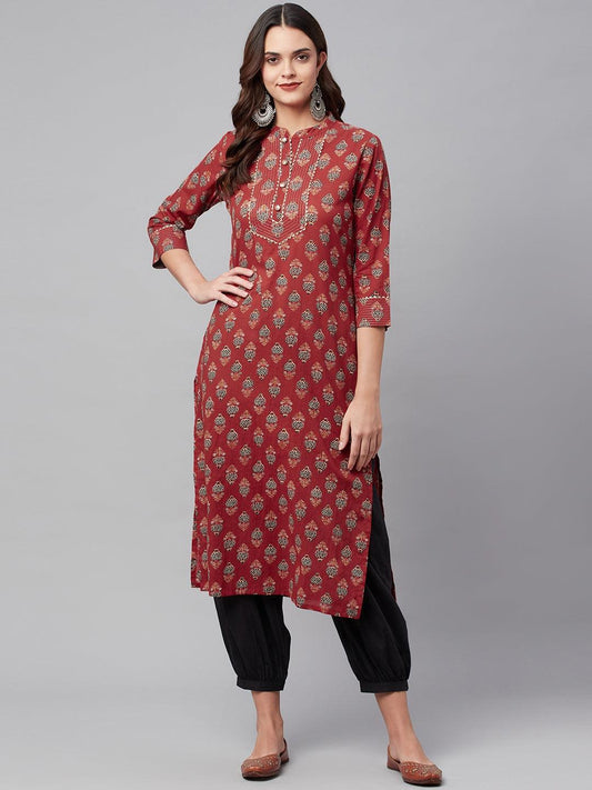 Divena Red Ethnic Cotton Straight Kurta
