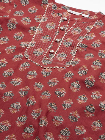 Divena Red Ethnic Cotton Straight Kurta