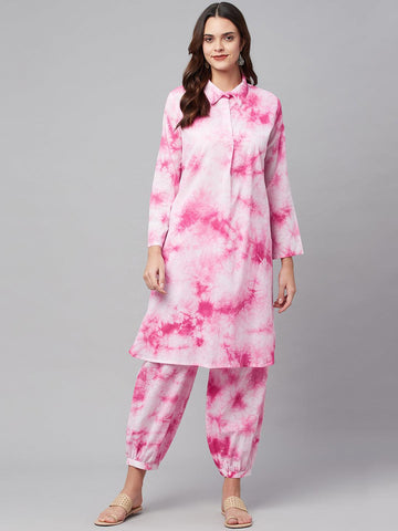 Divena Pink Cotton Shirt Style Kurta Hem Cuffed Pant Set - divena world