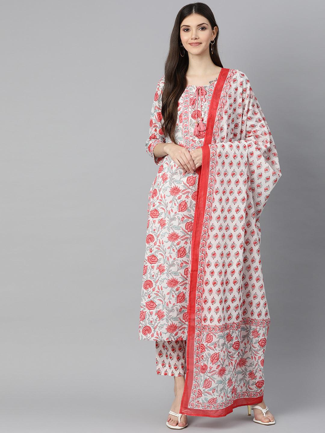 Divena White Floral Printed Kurta Pant Set with Dupatta - divena world