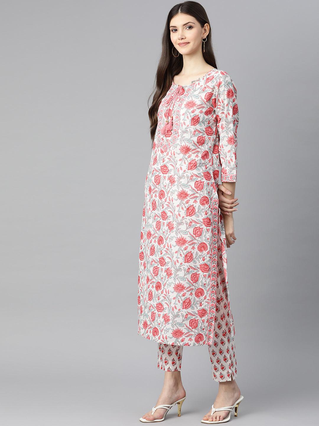 Divena White Floral Printed Kurta Pant Set with Dupatta - divena world