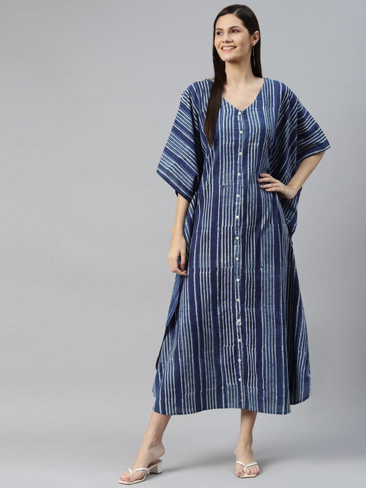 Divena Blue Hand Block Printed Striped Kaftan Dress