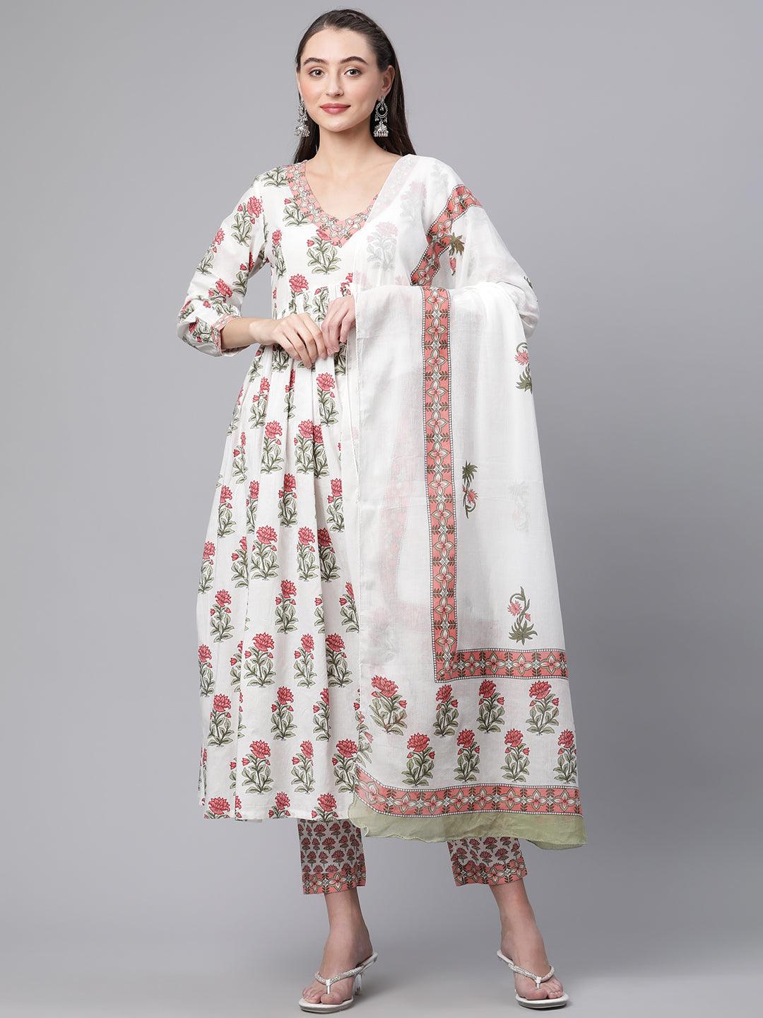 Divena White Floral Anarkali Kurta pant set with Mulmul Dupatta - divenaworld.com