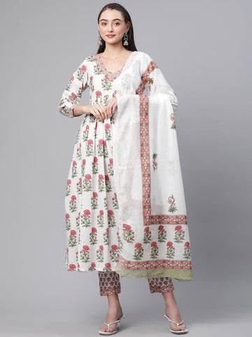 Divena White Floral Anarkali Kurta pant set with Mulmul Dupatta - divenaworld.com