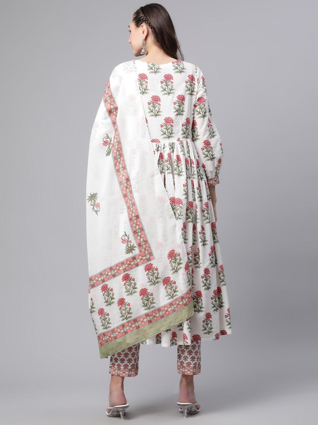 Divena White Floral Anarkali Kurta pant set with Mulmul Dupatta - divenaworld.com