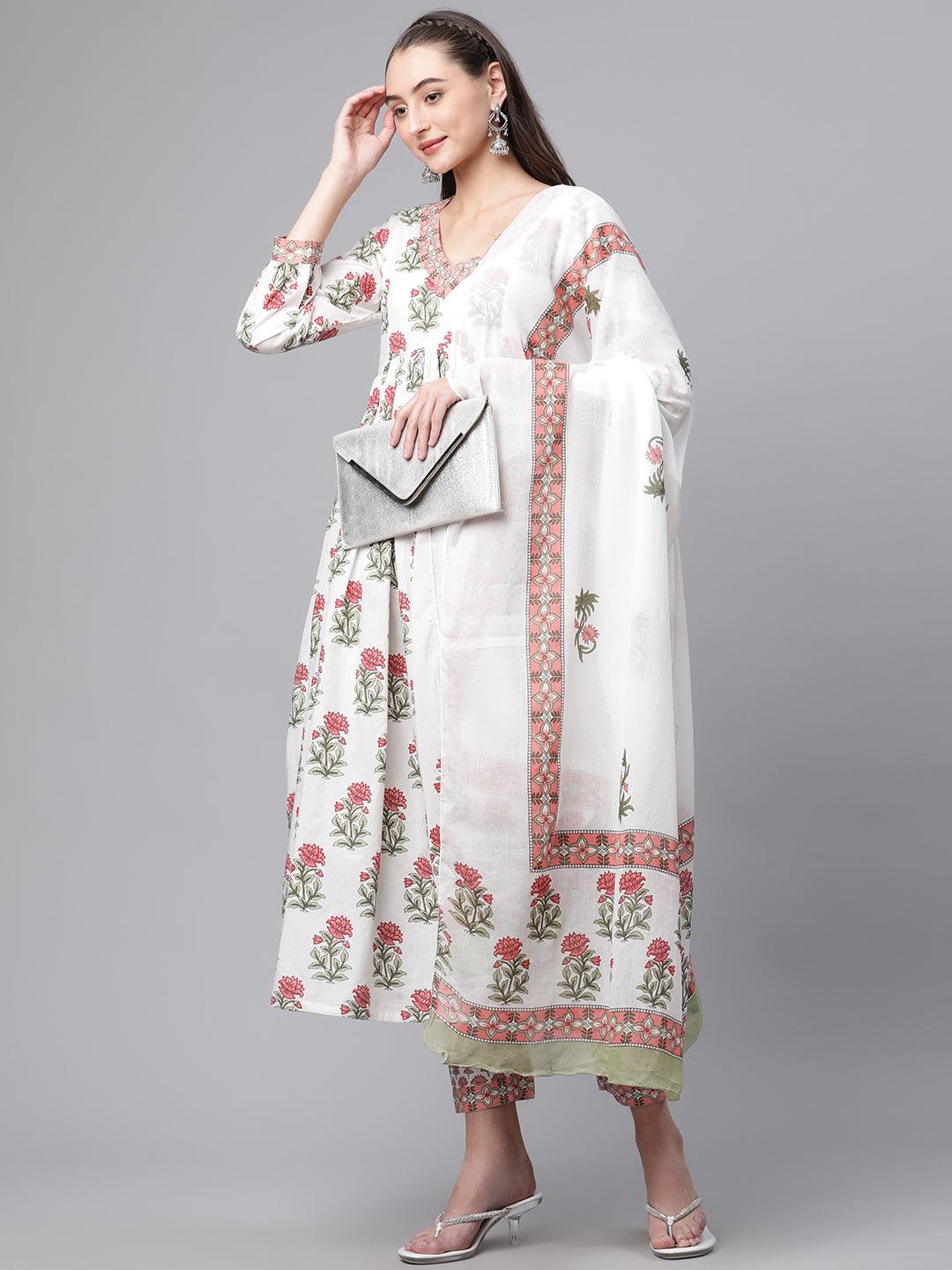 Divena White Floral Anarkali Kurta pant set with Mulmul Dupatta - divenaworld.com