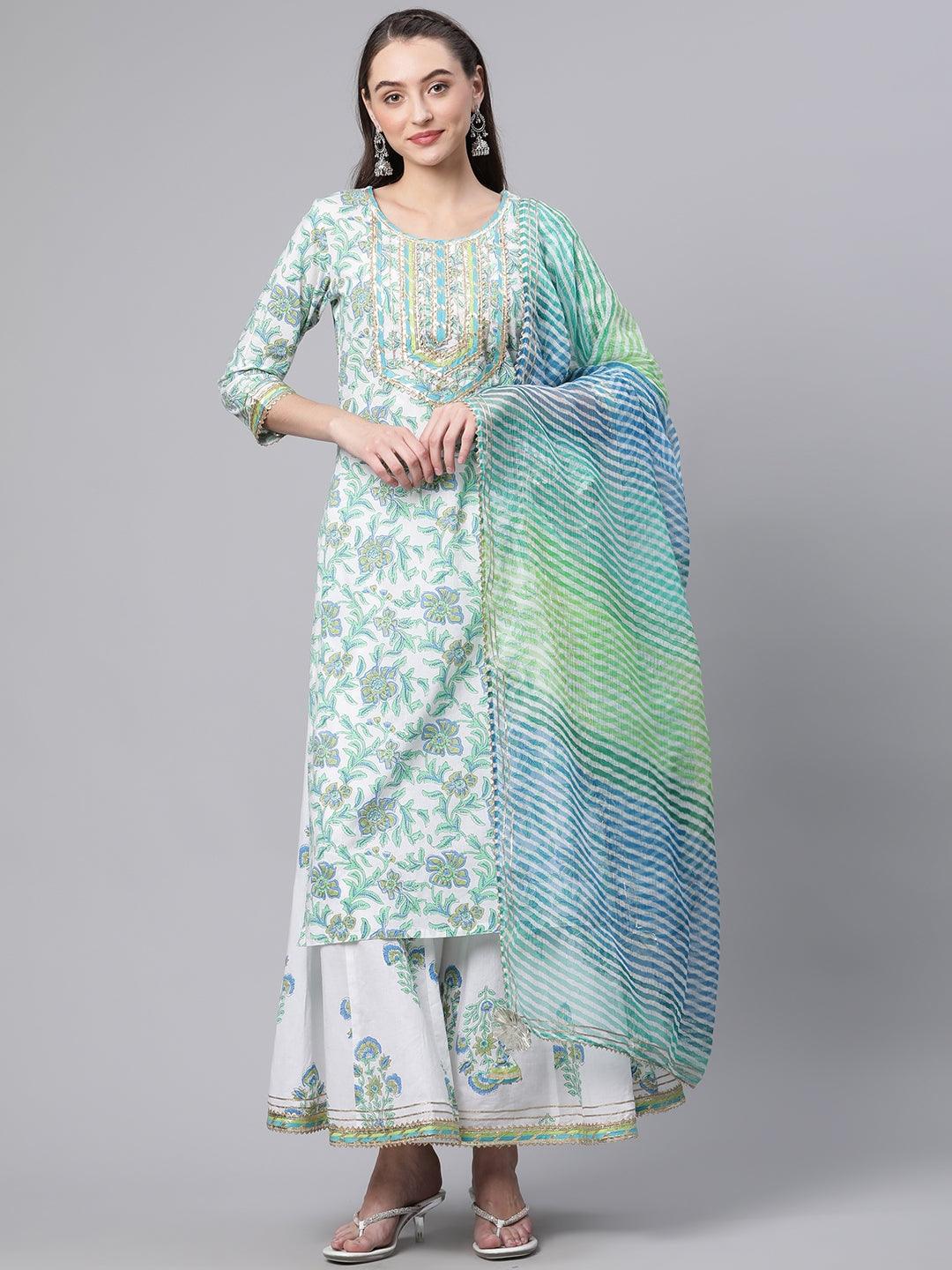 Divena White Floral Printed Kurta Palazzo set with Dupatta - divenaworld.com