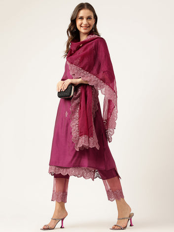 Divena Solid Purple Chanderi Embroidered Kurta with Inner Trouser Inner & Dupatta Set