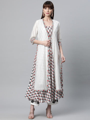 Divena White Floral Kurta Pant Set with Chanderi Shurg - divena world