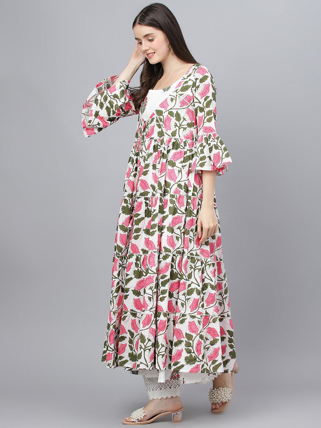 Divena White Floral Cotton Anarkali Kurta with Jacket - divena world