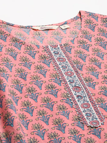 Divena Women Pink Printed Gotta Patti Pure Cotton Kurta with Trousers & Dupatta