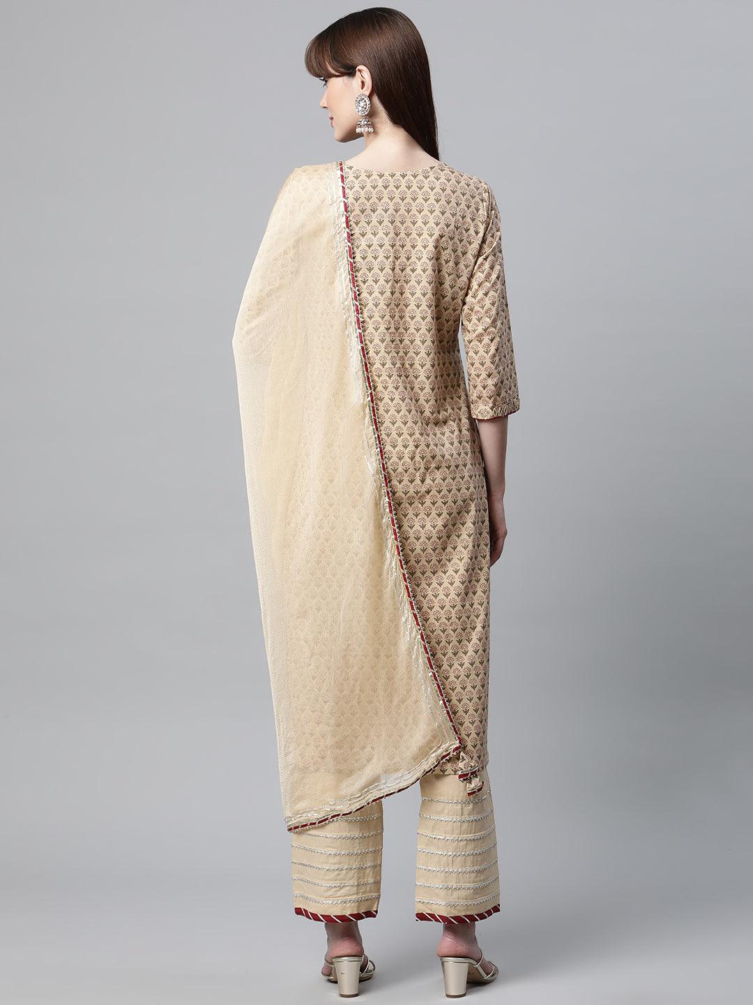 Divena Beige Color Cotton Straight Kurta Pant Set with Dupatta - divena world