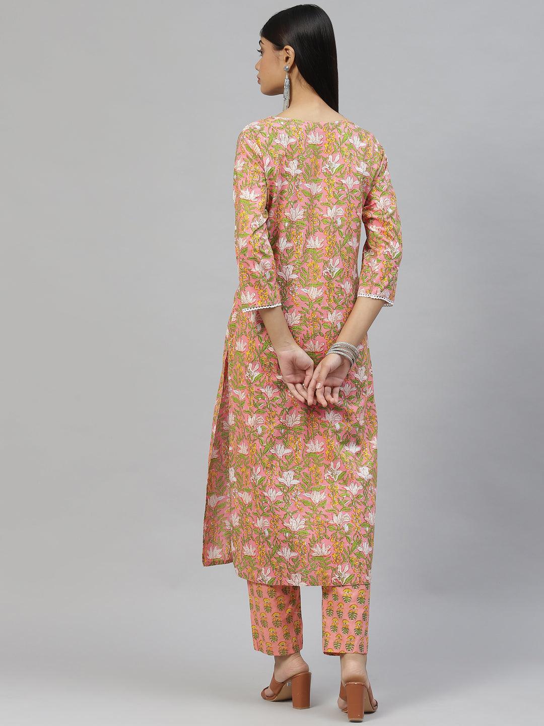 Divena Pink Floral Cotton Kurta Pant Set - divena world