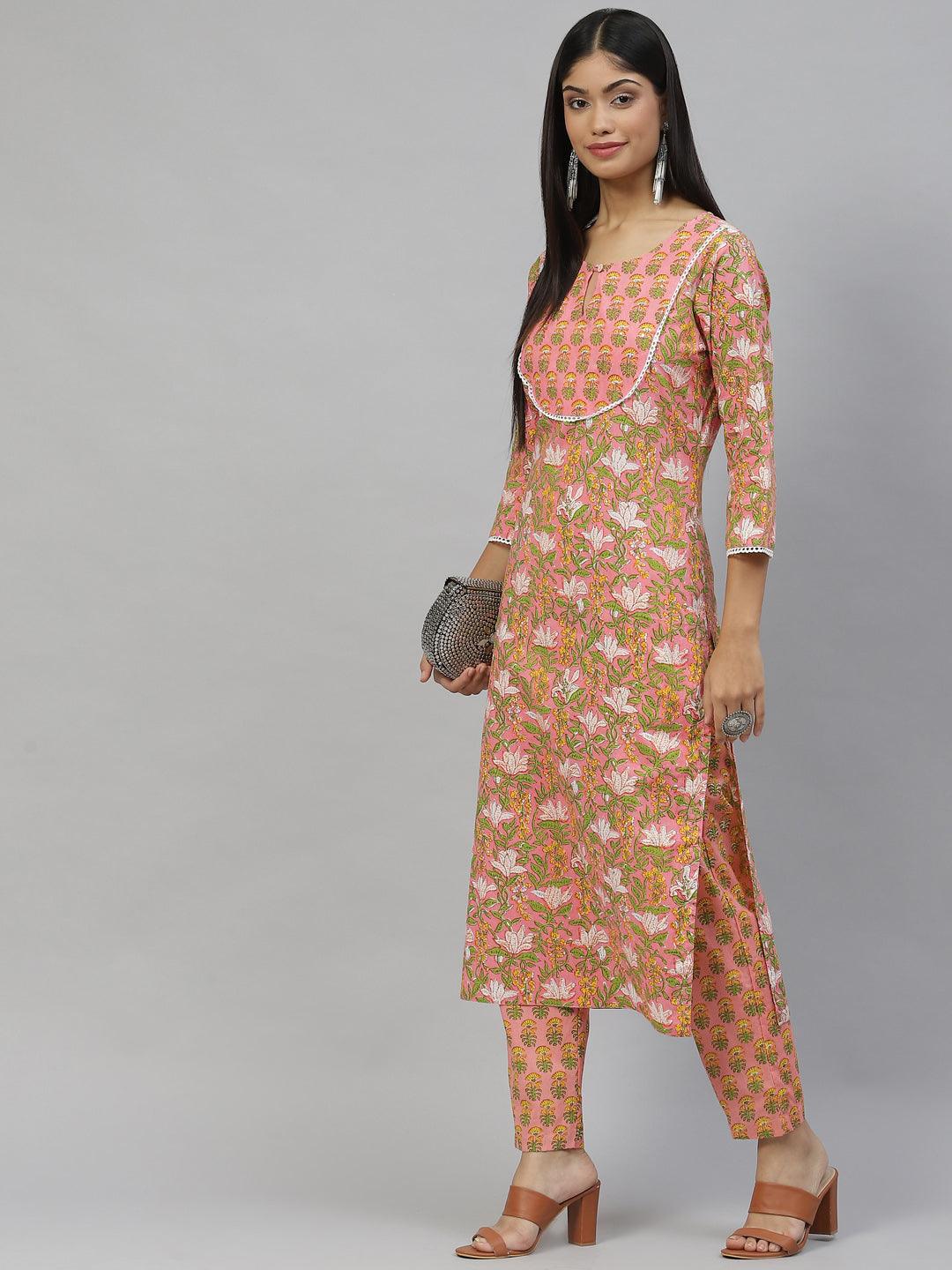 Divena Pink Floral Cotton Kurta Pant Set - divena world