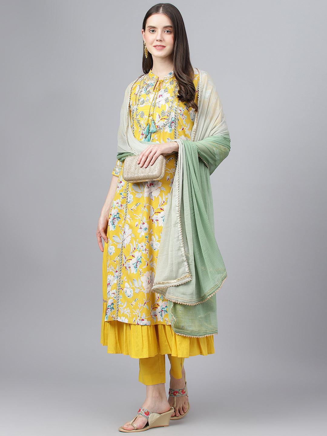 Divena Yellow Cotton Kurta Pant Set with Nazneen Dupatta - divena world