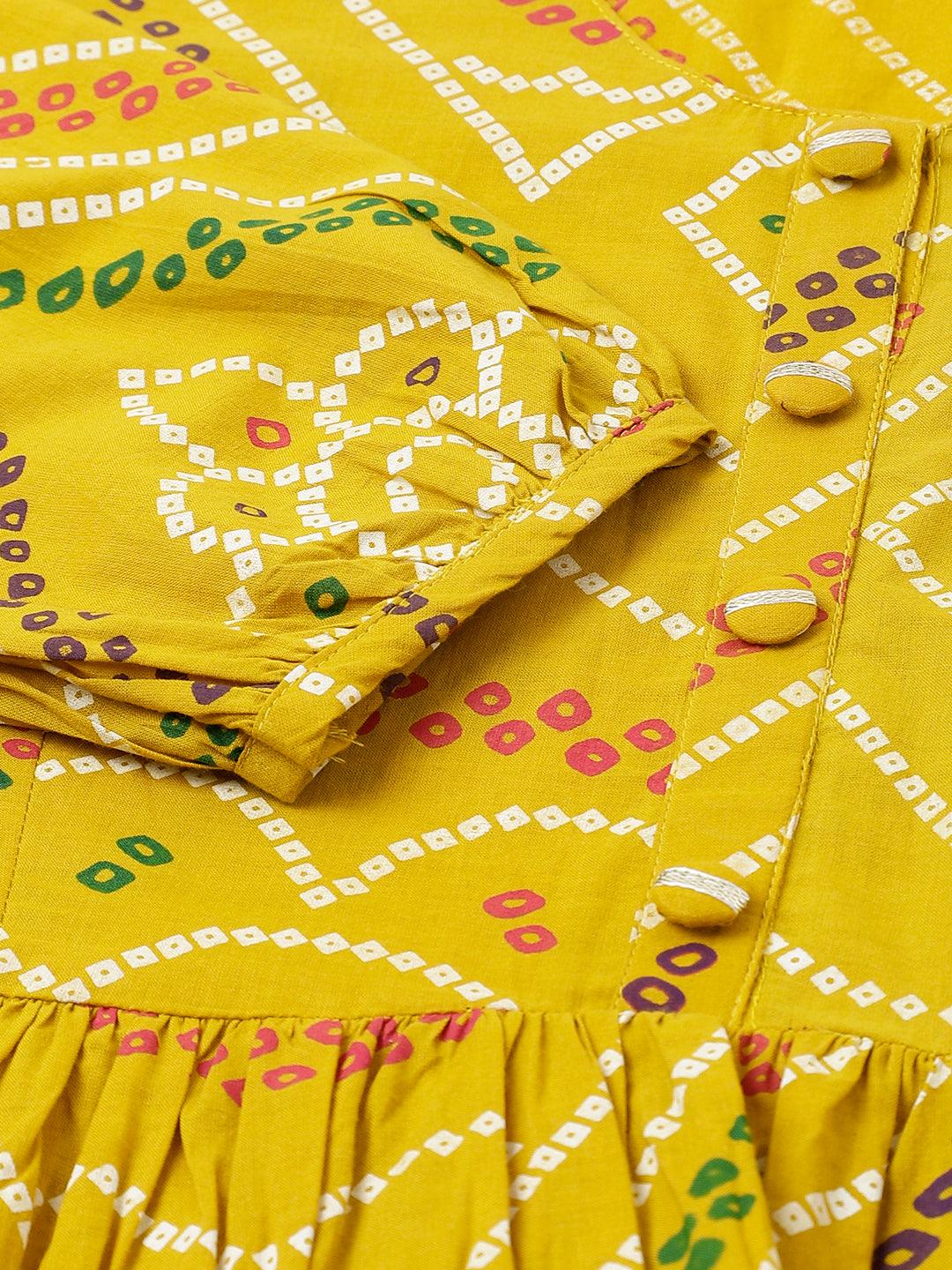 Divena Mustard Bandhani Printed Cotton Peplum Top - divena world