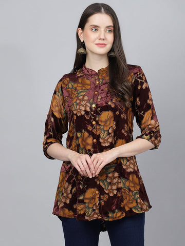 Divena Wine Floral Burn out Velvet A-line Shirts Style Top - divena world