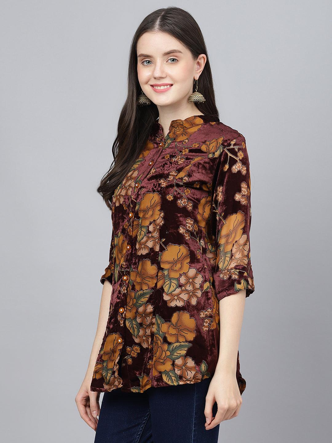 Divena Wine Floral Burn out Velvet A-line Shirts Style Top - divena world