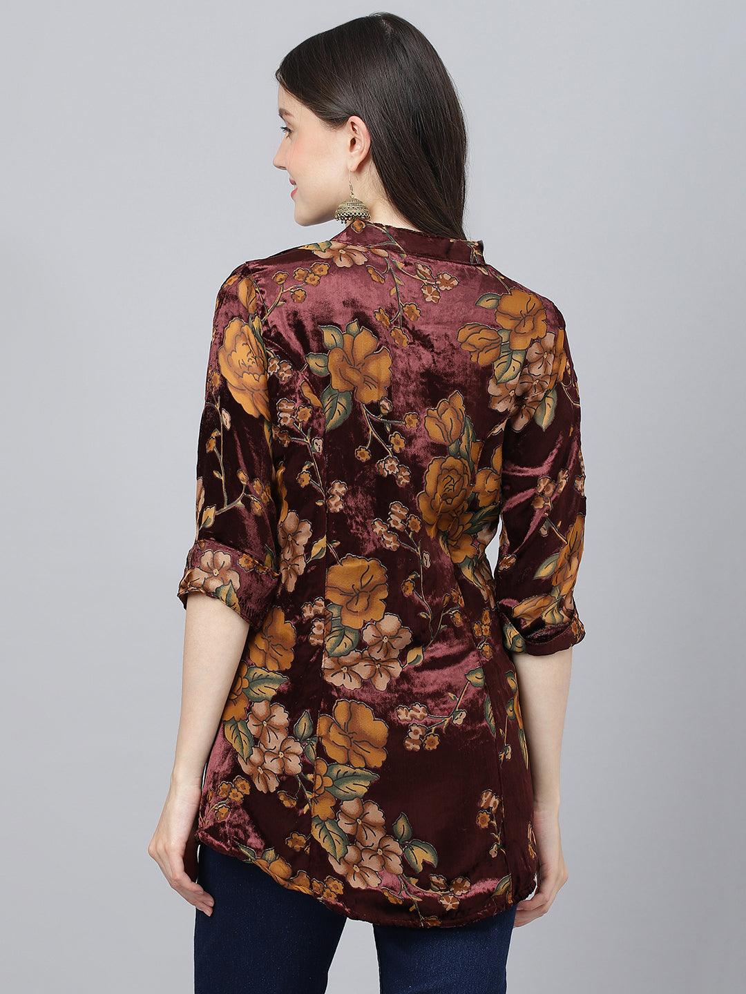 Divena Wine Floral Burn out Velvet A-line Shirts Style Top - divena world