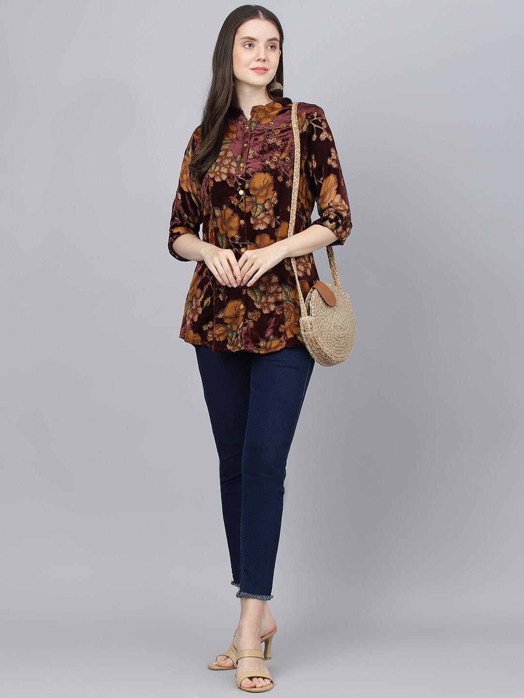 Divena Wine Floral Burn out Velvet A-line Shirts Style Top - divena world