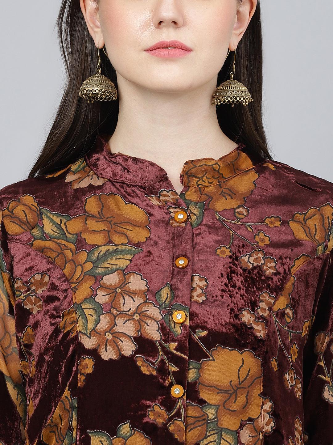 Divena Wine Floral Burn out Velvet A-line Shirts Style Top - divena world