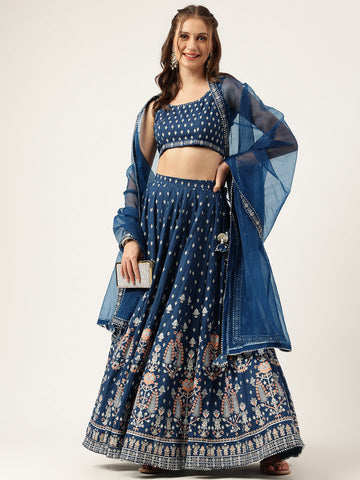 Divena Blue Rayon Flared Lehenga Choli Set with Organza Dupatta