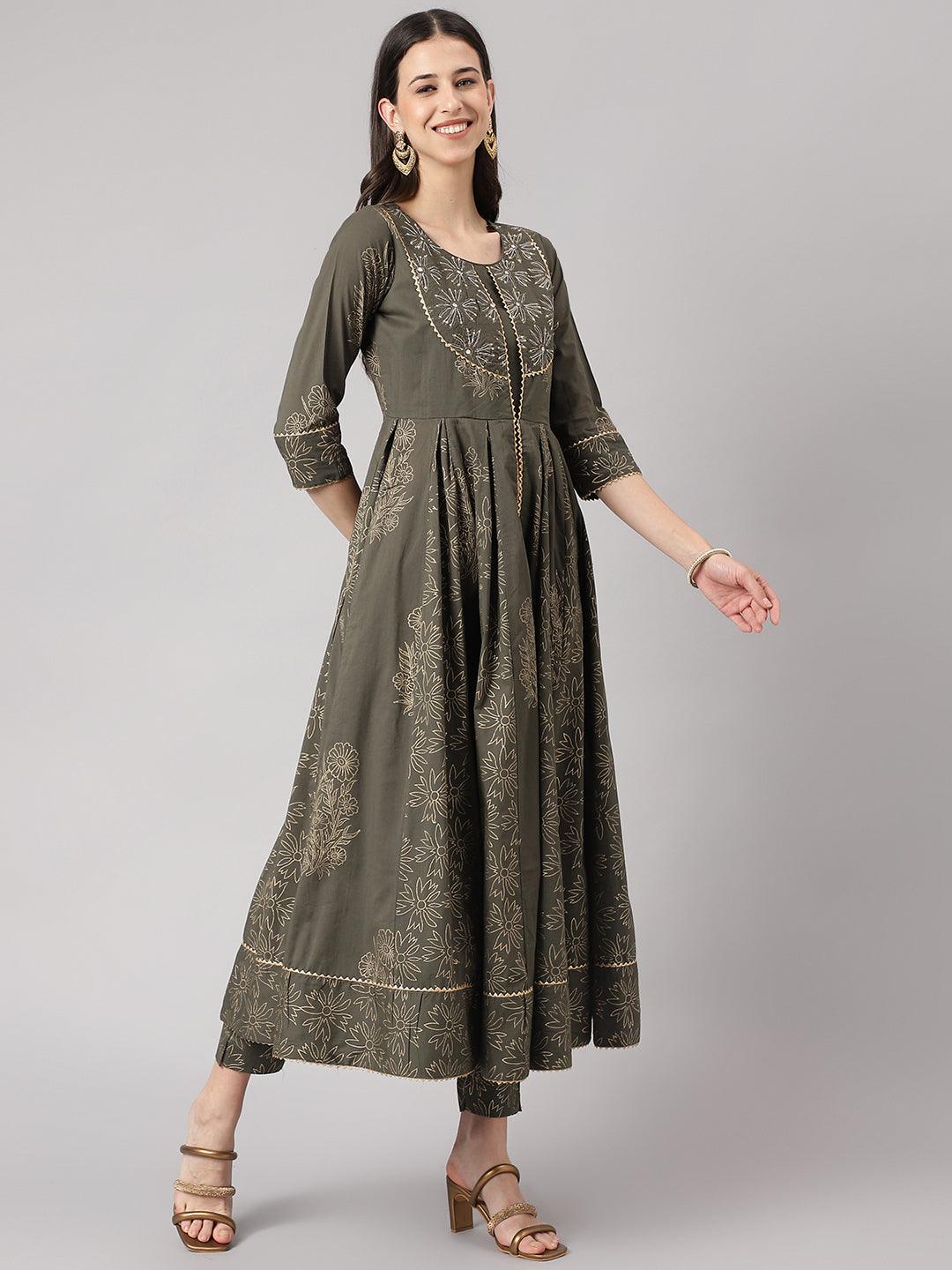 Divena Olive Green Hand Block Cotton Kurta Pant Set with Dupatta - divena world