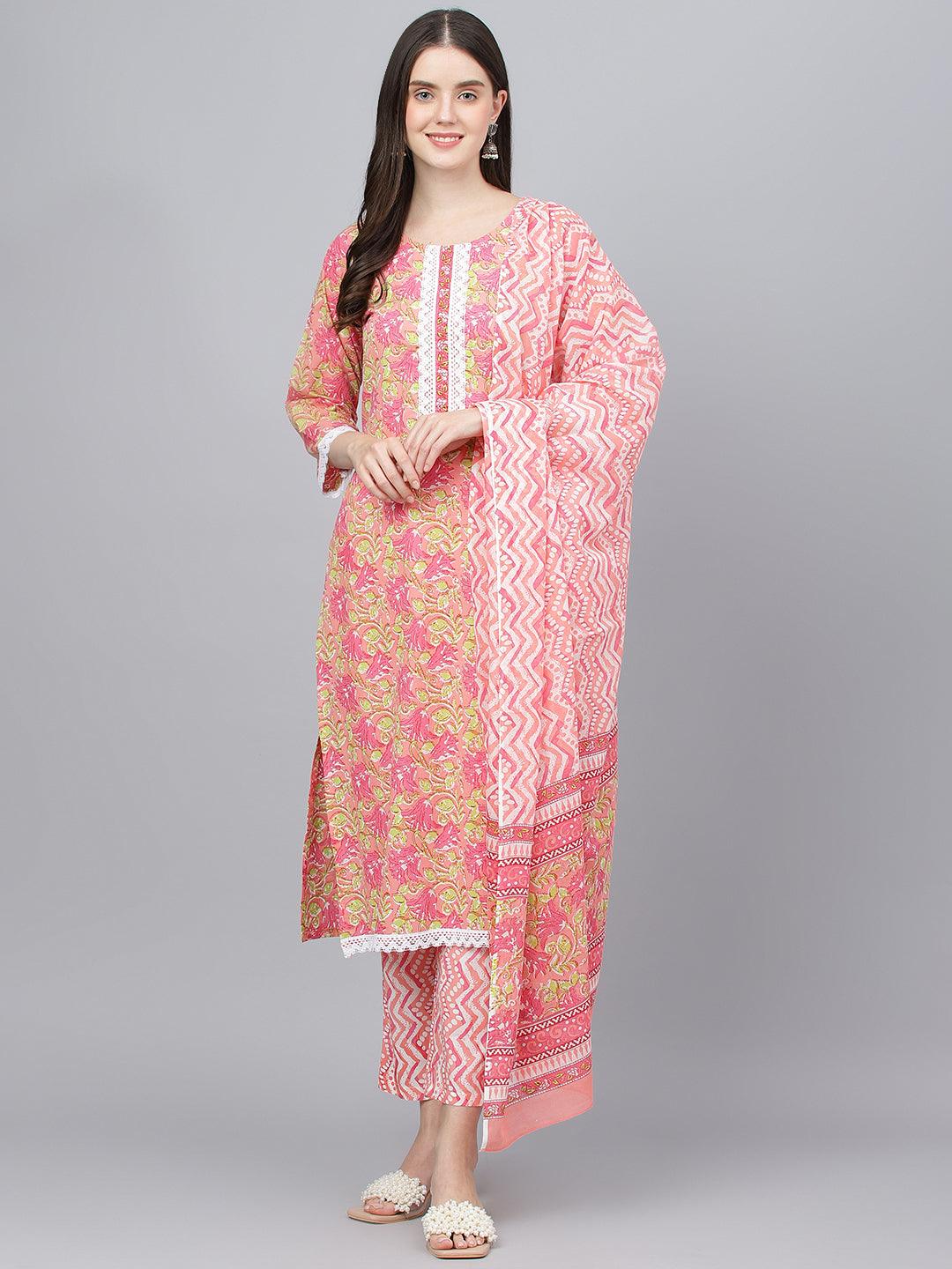 Divena Peach Floral Printed Kurta Pant set With Dupatta - divena world